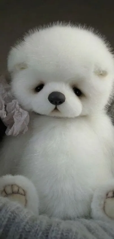 Fluffy white teddy bear in gray basket with soft, cozy texture.