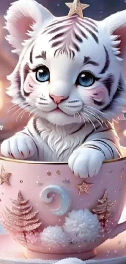 Cute white tiger cub sits inside a pink teacup, surrounded by fantasy elements.