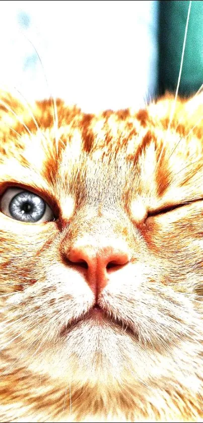 Winking orange cat close-up mobile wallpaper.