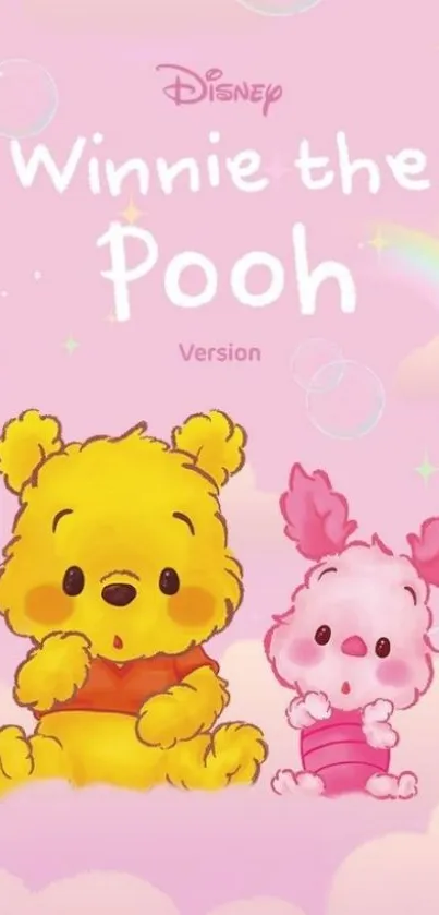 Cute Winnie the Pooh and Piglet on pink wallpaper.