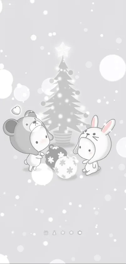 Cute Christmas bear and bunny with snowflakes wallpaper.