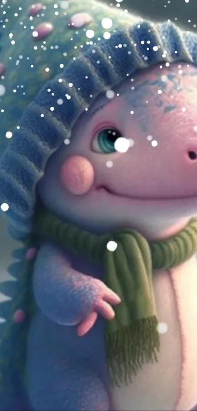 Cute axolotl wearing a winter hat and scarf, perfect for mobile wallpaper.