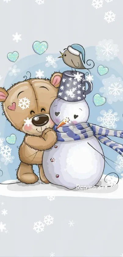 Cartoon bear hugging snowman with snowflakes and hearts.