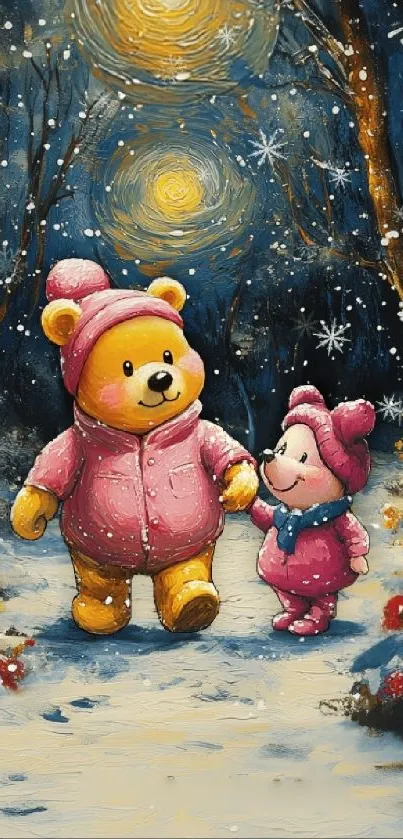 Cute bears walking in snowy forest