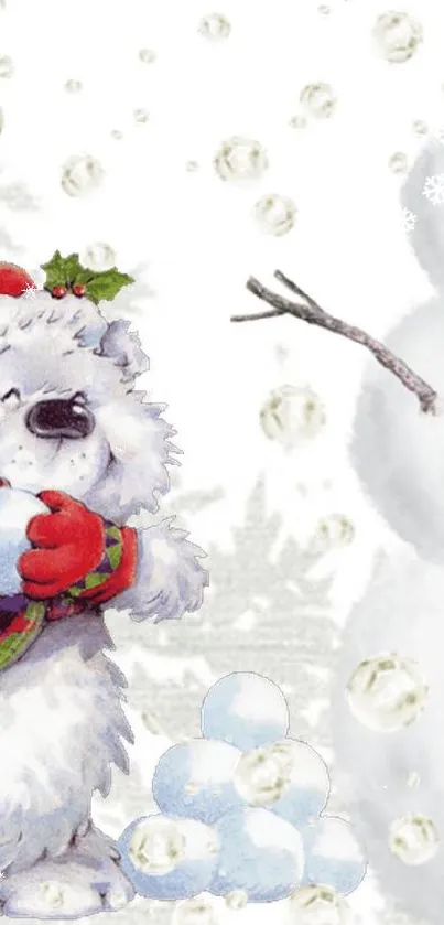 Cartoon bear with snowman wallpaper for winter.