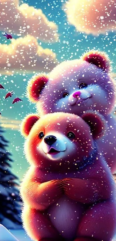 Cute bears play in a snowy winter scene on mobile wallpaper.