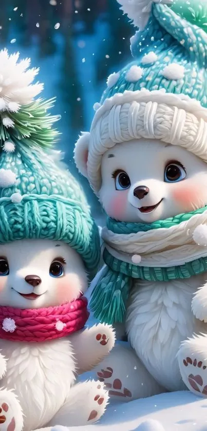 Two cute cartoon bears in winter hats and scarves.