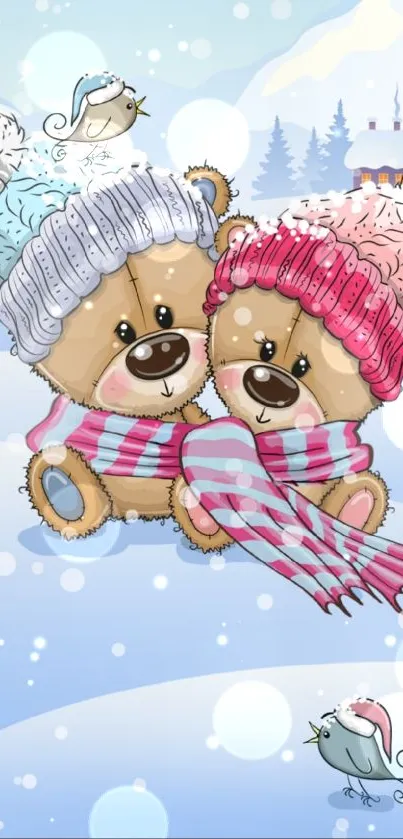 Adorable bear duo in winter attire on a snowy background with birds.