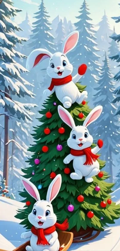 Adorable bunnies on Christmas tree in snowy forest.