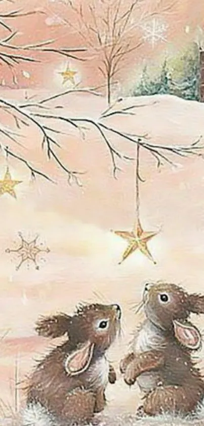 Winter scene with bunnies and stars.