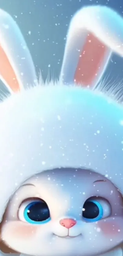 Cute white bunny with blue eyes in snow-filled winter scene.