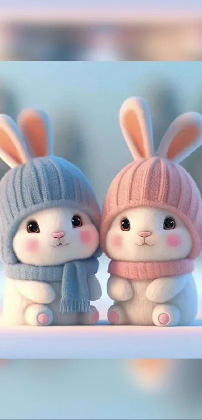 Two adorable bunnies in winter hats against a soft blue background.