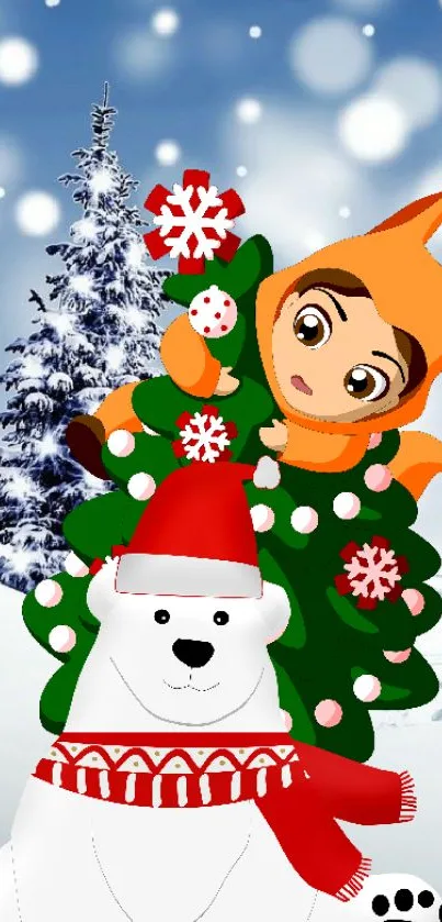 Cartoon character and polar bear with festive Christmas tree.