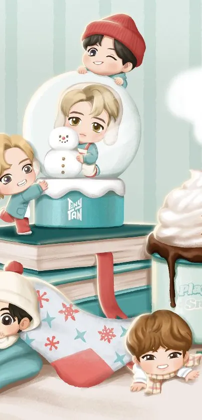 Cute winter-themed cartoon wallpaper with snow globes.