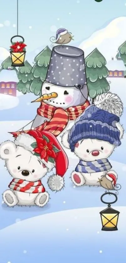 Cute winter wallpaper with snowman and bears in a snowy scene.