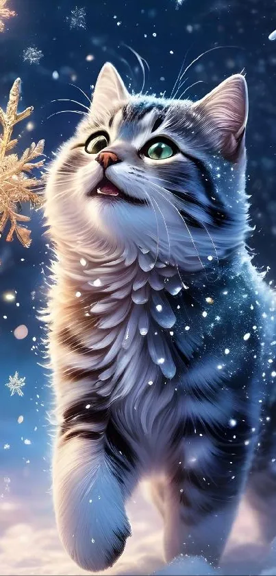 Cute kitten plays with snowflakes under a night sky in winter.