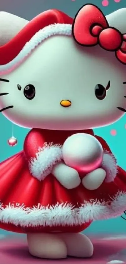 Festive cat in red dress with winter theme.