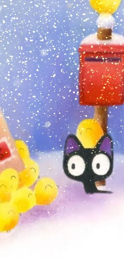 Cute cat with snowy winter scene and colorful cartoon art.