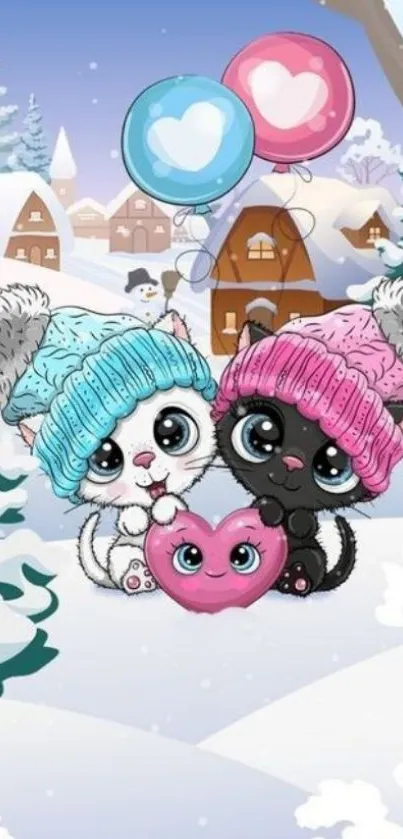 Cartoon cats with hats and heart-shaped balloons in a snowy village scene.