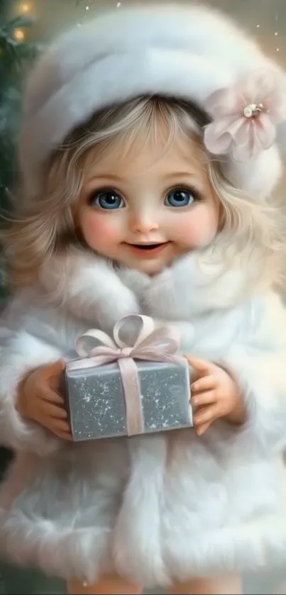 Cute child in white coat holding a gift, winter theme.