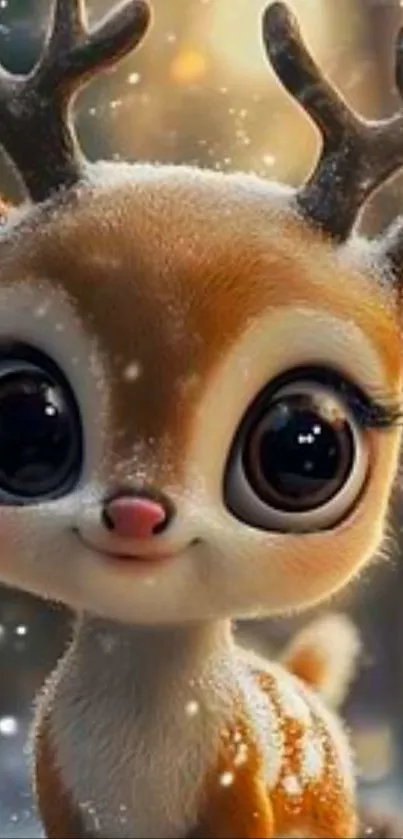 Adorable cartoon deer in snowy forest wallpaper.