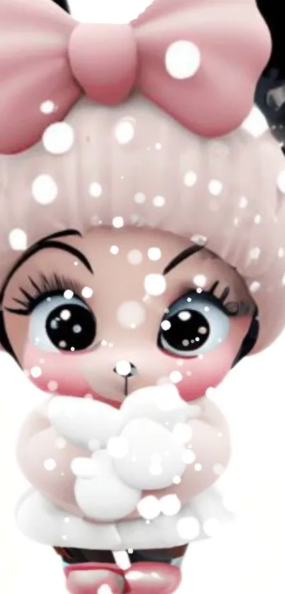 Cute cartoon doll with pink bow and snowflakes background.