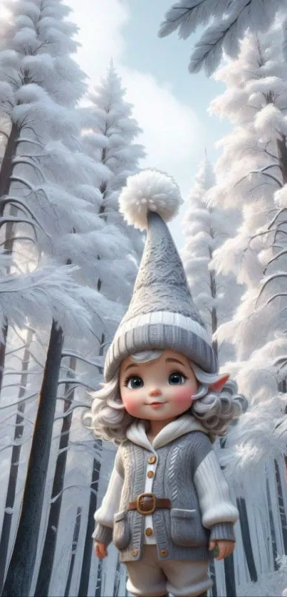 Adorable winter elf in a snowy forest with tall, snow-covered trees.