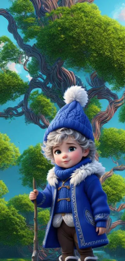 Cartoon character in blue winter attire with lush green forest backdrop.