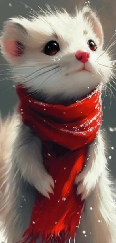 White ferret in red scarf standing in snow.