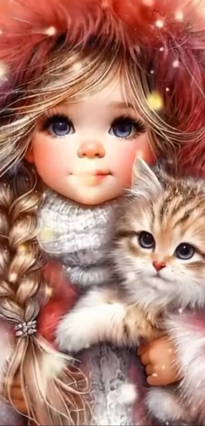 Cute girl with kitten in winter setting.