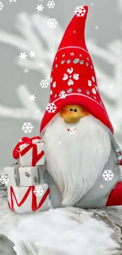 Cute winter gnome with red hat on snowy branch.