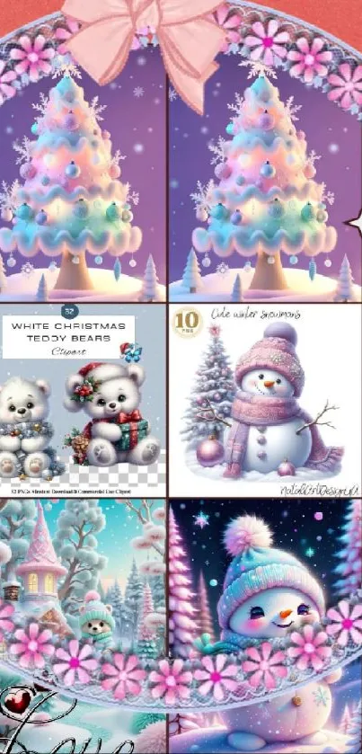 Cute pastel winter wallpaper with snowman and Christmas tree.