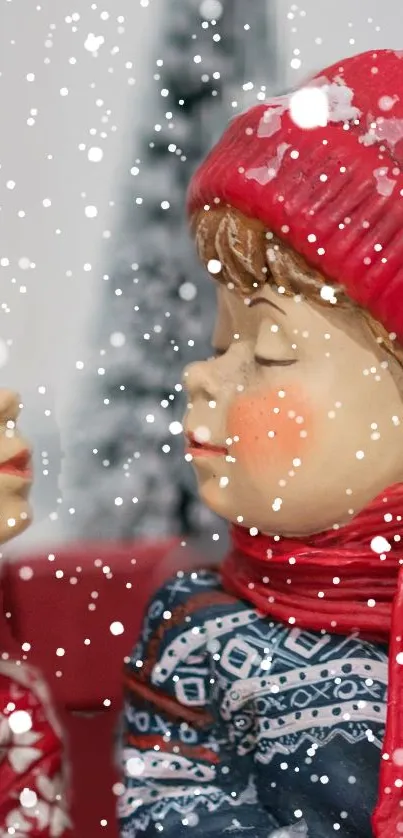 Adorable figurines in red winter outfits on a bench with snowy background.