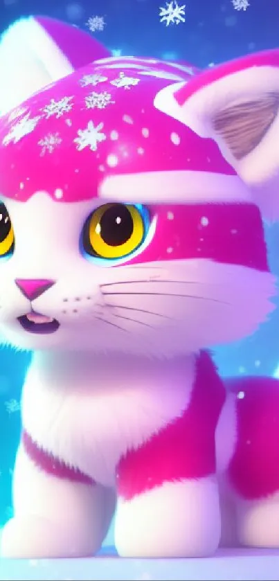 Adorable pink and white kitten in a snowy winter scene with vibrant colors.