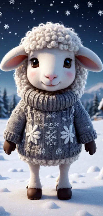 Cute lamb in winter sweater with snowy background.