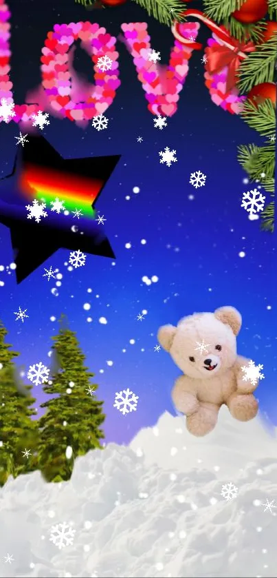 Cute winter wallpaper with teddy bear and love text surrounded by snowflakes.