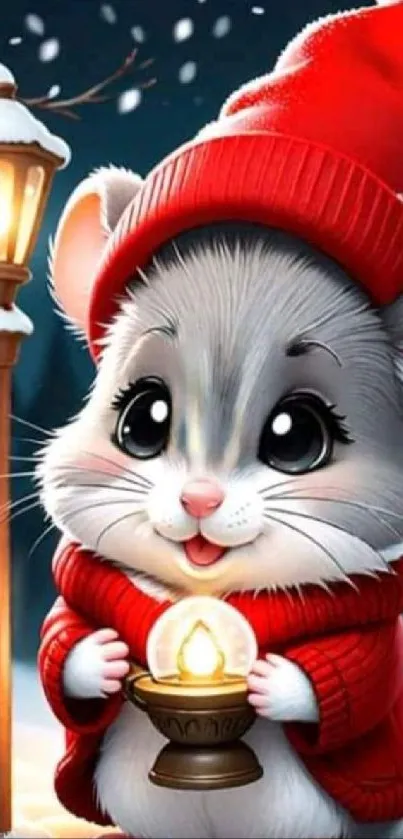 Adorable mouse in winter attire holding a glowing lantern on a snowy night.