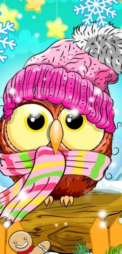 Cute winter owl with hat and scarf in snowy background.