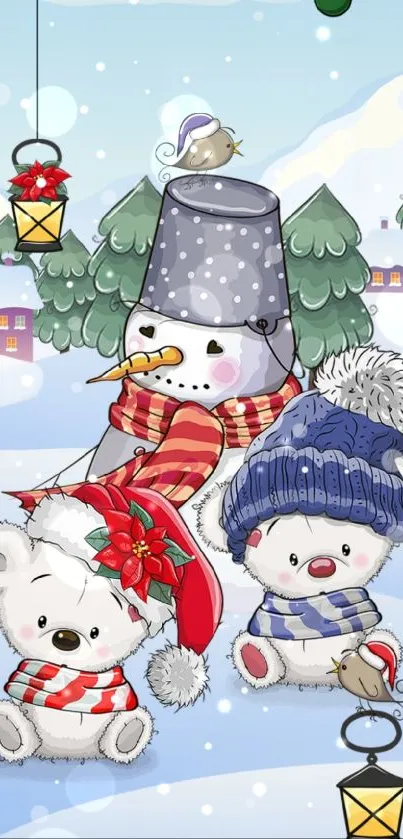 Cute snowman and bears in a winter scene.