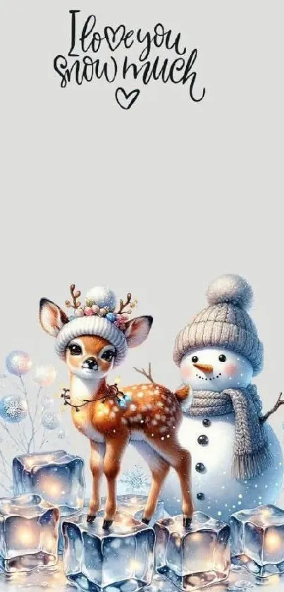 Cute winter wallpaper with snowman and deer.