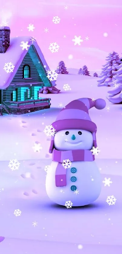 Cute snowman in pink snowy landscape with cabin.