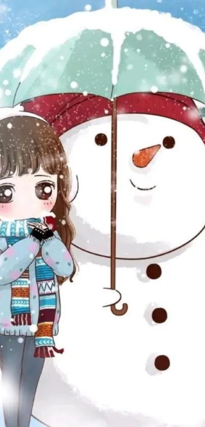 Cute girl with snowman and umbrella in winter scene wallpaper.