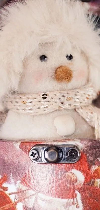 Cute snowman in cozy scarf inside a festive setting.