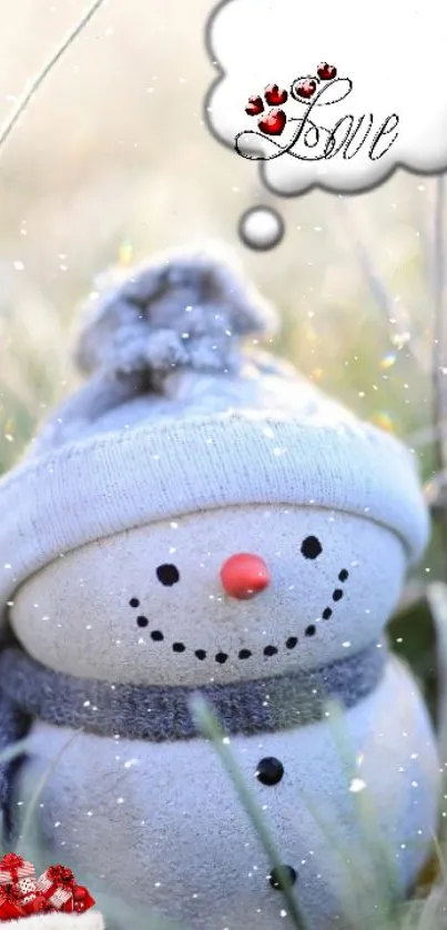 Cute snowman with hat and scarf amidst winter snow.