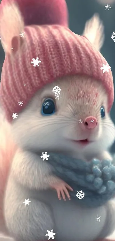 Cute squirrel in pink hat with snowflakes, perfect for cozy winter wallpaper.