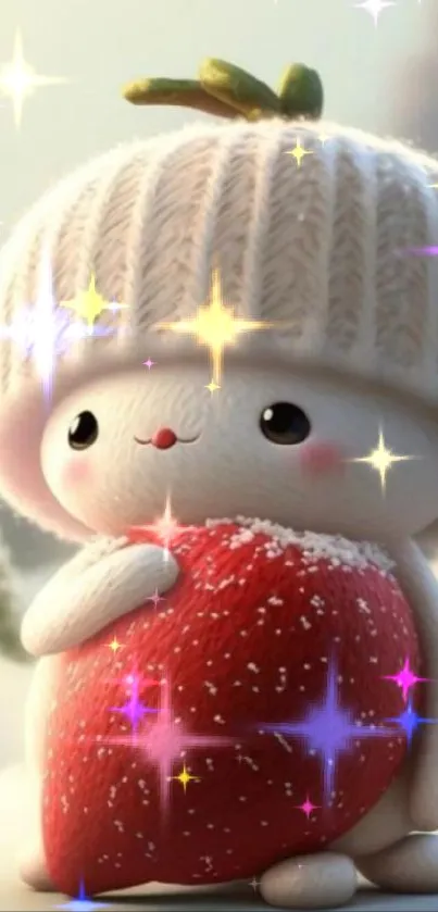 Cute cartoon character with strawberry in winter setting.