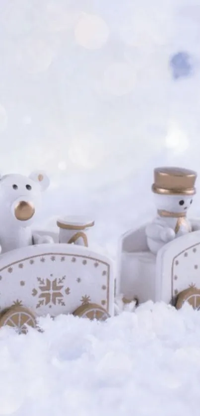 Cute bear and snowman in a snowy train setting, winter wallpaper.