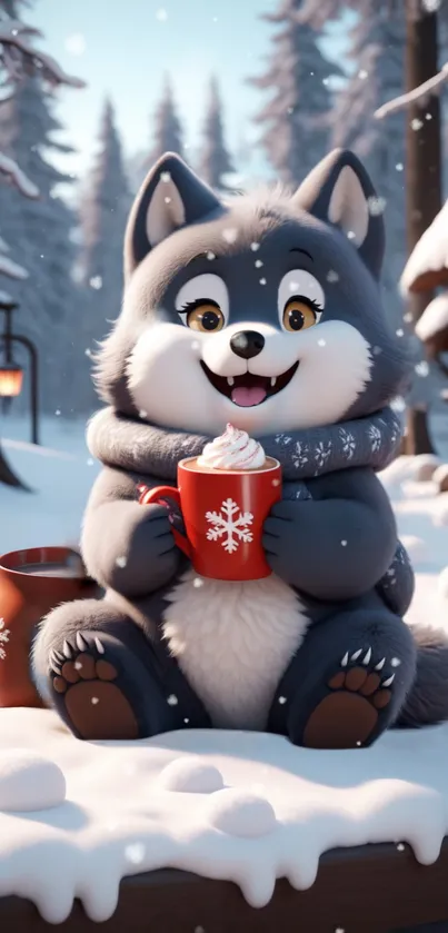 Cartoon wolf with hot chocolate in snow.