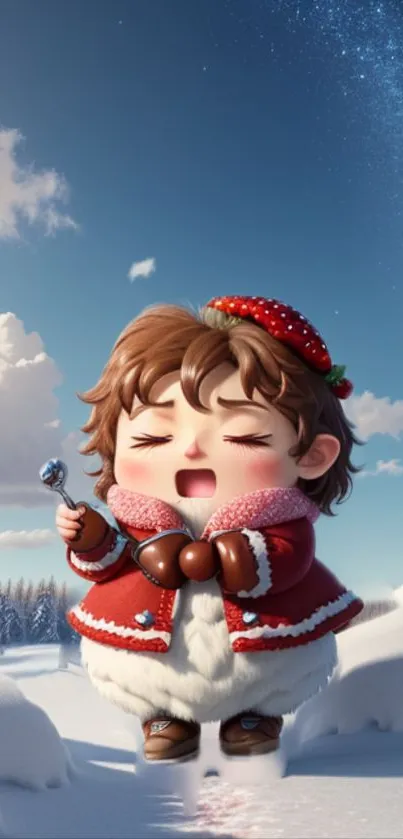 Cute character in winter wonderland with snowy background and clear blue sky.