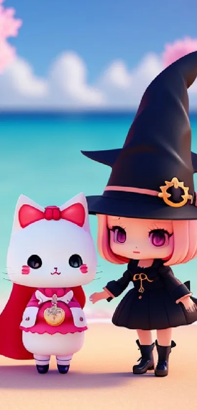 Cute witch with a cat on a sunny beach background.